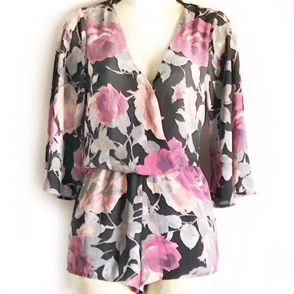 Lulus Pants - Lulus What’s Bloomin’ Romper Black, Purple, Gray